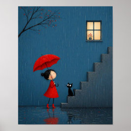 Meisje in het Rood Wachtend bij de Regenachtige Tr Poster