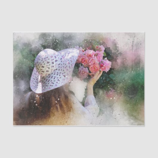 Meisje in het witte Pet Smelling Pink Roses Tissuepapier (Voorkant)