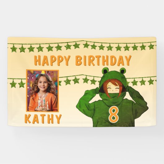 Meisje in Kikker Hoodie Sterren Foto Verjaardag Ac Spandoek (Horizontaal)