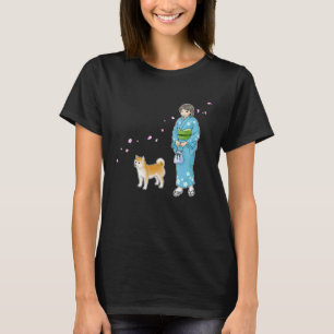 Meisje in kimono en een Shiba Inu genieten van een T-shirt