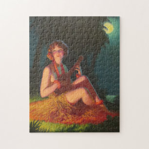 Meisje in Moonlight met Banjo Ukulele Legpuzzel
