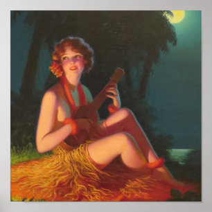 Meisje in Moonlight met Banjo Ukulele Poster
