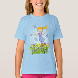 Meisje in narcissen jagen vogels lente t-shirt