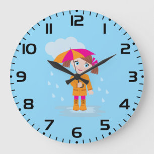 Meisje in oranje regenjas met roze paraplu grote klok