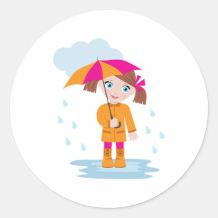 Meisje in oranje regenjas met roze paraplu ronde sticker