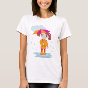 Meisje in oranje regenjas met roze paraplu t-shirt
