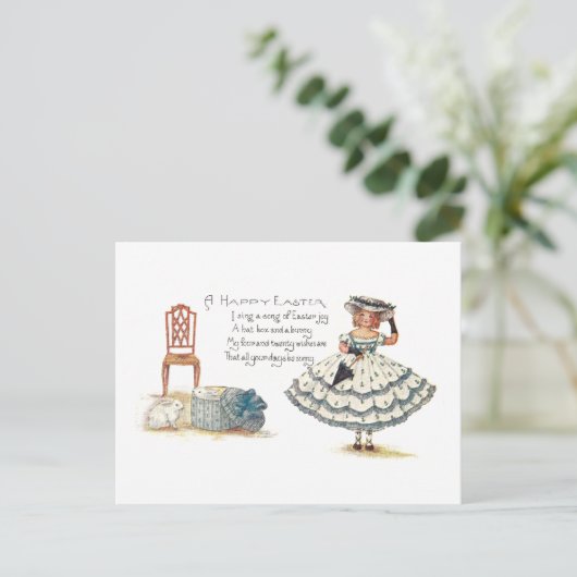 Meisje in paasjurk en konijntjes feestdagenkaart (Staand voorkant)