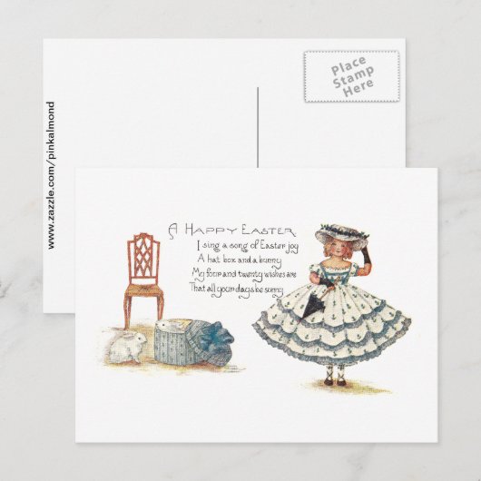 Meisje in paasjurk en konijntjes feestdagenkaart (Voorkant / Achterkant)