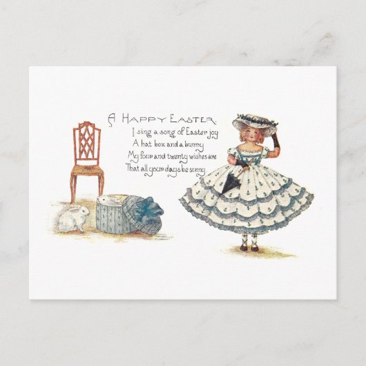 Meisje in paasjurk en konijntjes feestdagenkaart (Voorkant)
