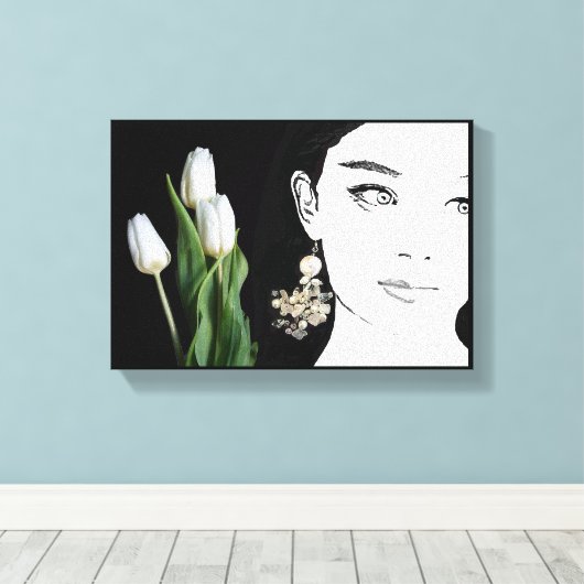 Meisje in parel oorbel mode illustratie trendy canvas afdruk (Insitu (Houten vloer))