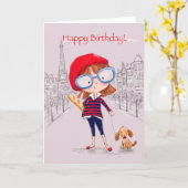 Meisje in Parijs met kleine hond, Happy Birthday Kaart (Gele Bloem)