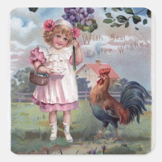 Meisje in Pink Holding Purple Flowers Vierkante Sticker (Voorkant)