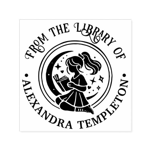 Meisje in raam lezend, sterren maan boeknaam  zelfinktende stempel (Design)