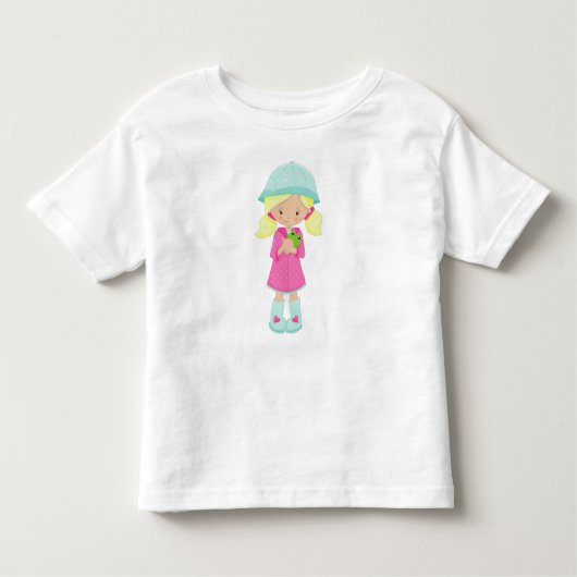 Meisje in regenjas, laarzen, kikker, blond haar kinder shirts (Voorkant)