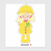 Meisje in regenjas, laarzen, londe haar, kikker sticker (Vel)