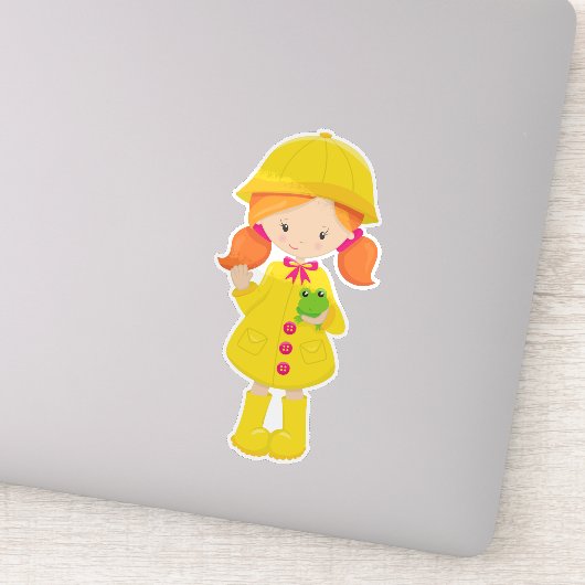 Meisje in regenjas, laarzen, Oranje haar, kikker Sticker (Detail)