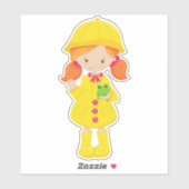 Meisje in regenjas, laarzen, Oranje haar, kikker Sticker (Vel)