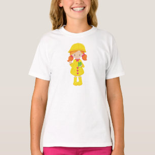 Meisje in regenjas, laarzen, Oranje haar, kikker T-shirt
