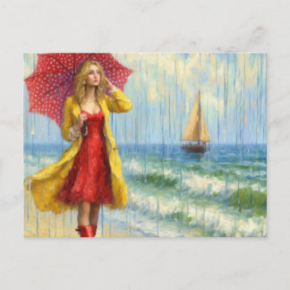Meisje in rode jurk op het strand in de regen briefkaart