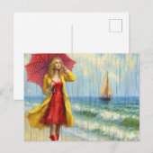 Meisje in rode jurk op het strand in de regen briefkaart (Voorkant / Achterkant)