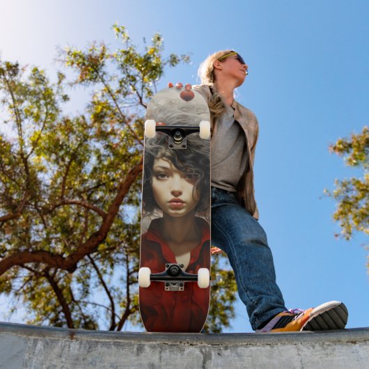 Meisje in rode moderne kunst persoonlijk skateboard (Buiten 1)