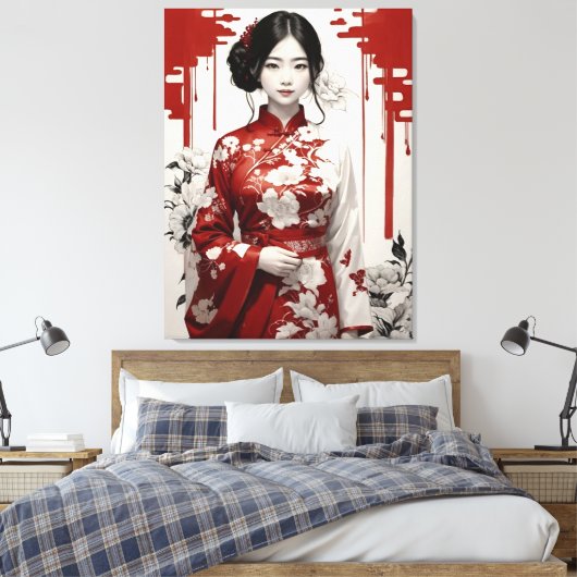 Meisje in rood en zilver canvas afdruk (Insitu (Slaapkamer))