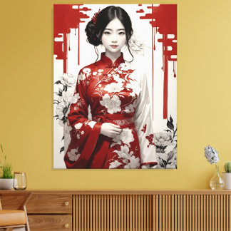 Meisje in rood en zilver canvas afdruk