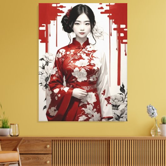 Meisje in rood en zilver canvas afdruk (Insitu (Woonkamer))