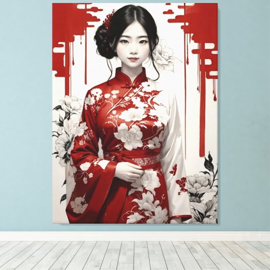 Meisje in rood en zilver canvas afdruk (Insitu (Houten vloer))