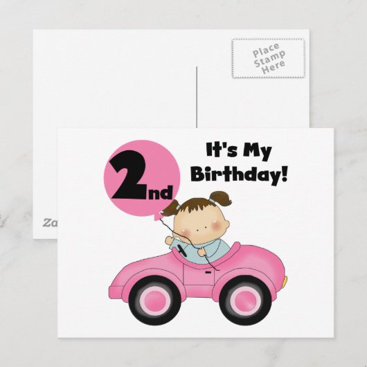 Meisje in Roze Auto 2e Verjaardag Tshirts en gesch Briefkaart (Voorkant / Achterkant)