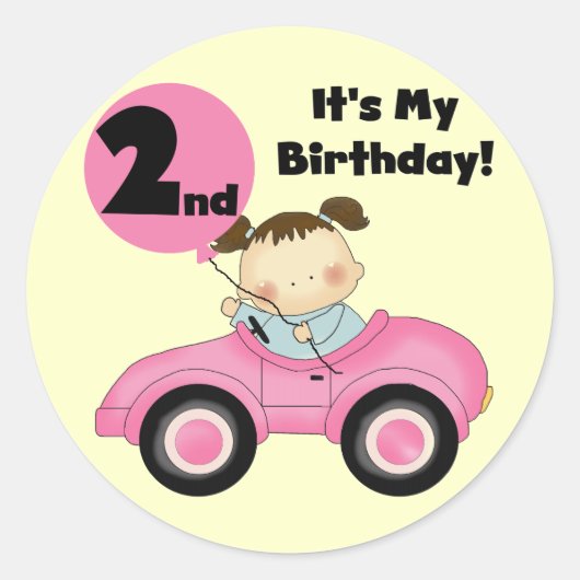 Meisje in Roze Auto 2e Verjaardag Tshirts en gesch Ronde Sticker (Voorkant)