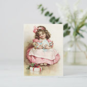  meisje in roze dress met Doll Briefkaart (Staand voorkant)