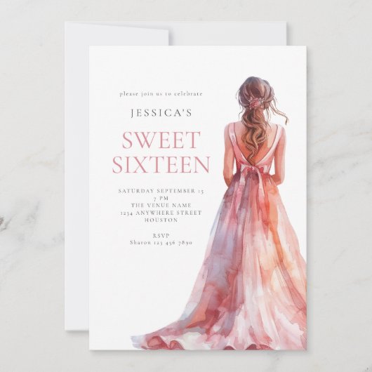 Meisje in Roze Gown Sweet 16 Verjaardagsfeest Kaart (Voorkant)