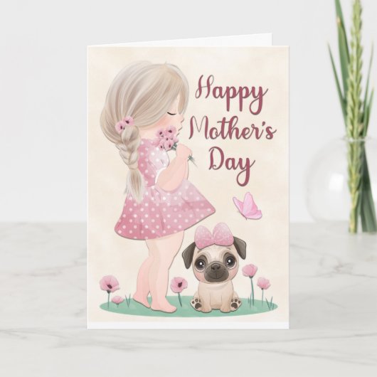 Meisje in roze jurk en puppy voor Moederdag Kaart (Voorkant)