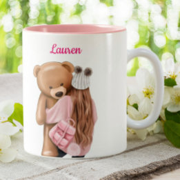 Meisje in Roze met Beer persoonlijke aangepaste ko Tweekleurige Koffiemok