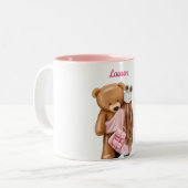 Meisje in Roze met Beer persoonlijke aangepaste ko Tweekleurige Koffiemok (Voorkant links)