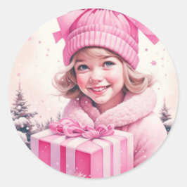 meisje in roze met geschenkdoos ronde sticker