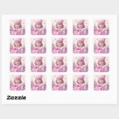  meisje in roze met geschenkdoos vierkante sticker (Vel)