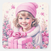 meisje in roze met geschenkdoos vierkante sticker (Voorkant)