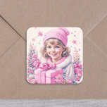 meisje in roze met geschenkdoos vierkante sticker<br><div class="desc">Schattig klein  meisje in roze met een geschenkdoos sneeuw en dennenboom achtergrond. Voeg een zoete retro of nostalgische sfeer toe aan je kerstkaarten of feesttassen!</div>