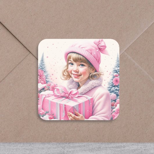  meisje in roze met geschenkdoos vierkante sticker