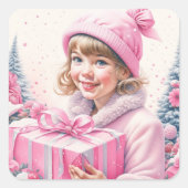  meisje in roze met geschenkdoos vierkante sticker (Voorkant)
