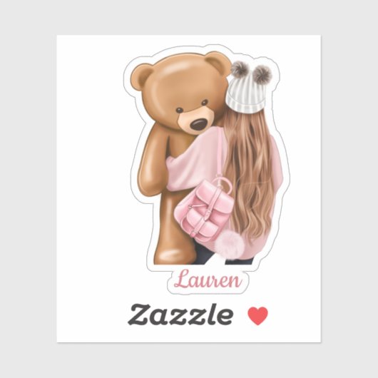 Meisje in roze met teddybeer aangepaste naam gesne sticker (Vel)