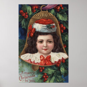 Meisje in Santa Hat in Bell Poster