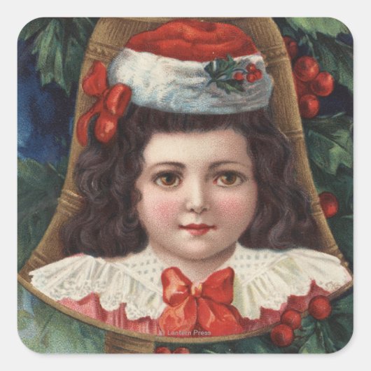 Meisje in Santa Hat in Bell Vierkante Sticker (Voorkant)