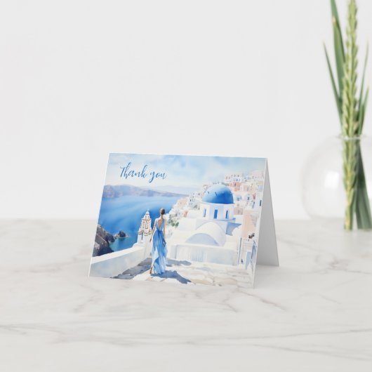 Meisje in Santorini, waterverf, kaart bedankt (Voorkant)