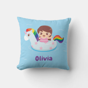 Meisje in Unicorn Rainbow Pool Float Kinder Room D Kussen