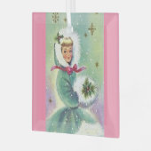 Meisje in winterkat Retro Pink en Blue Ornament (Voorkant links)