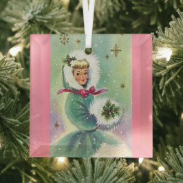 Meisje in winterkat Retro Pink en Blue Ornament