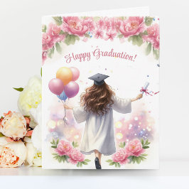 Meisje in witte afstudeerjurk met ballonnen kaart